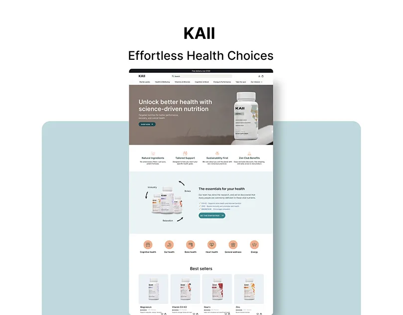 The KAII cover: the project title above a supplement store homepage mockup.