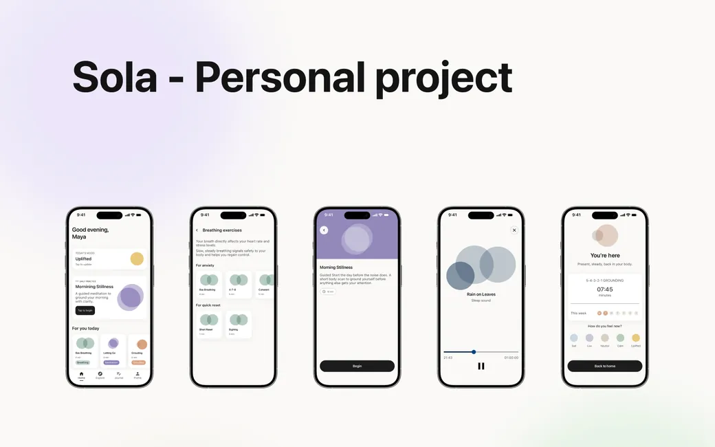 Five Sola screens: home, breathing exercises, a morning meditation, a sleep sound and the screen that closes a session.
