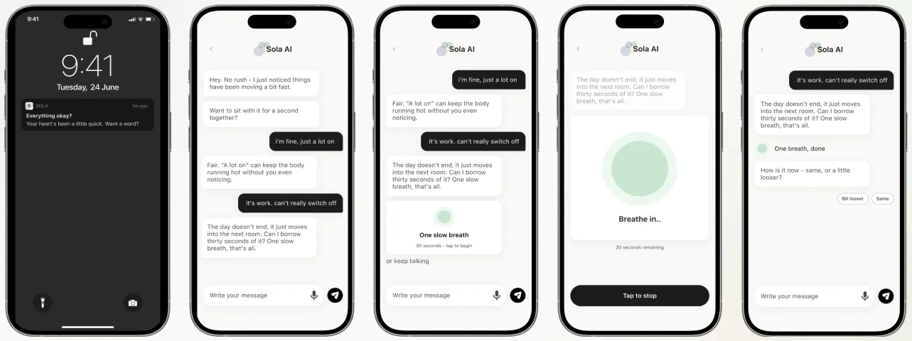 Five phone screens of the Sola AI assistant, from the watch alert to a guided breath.