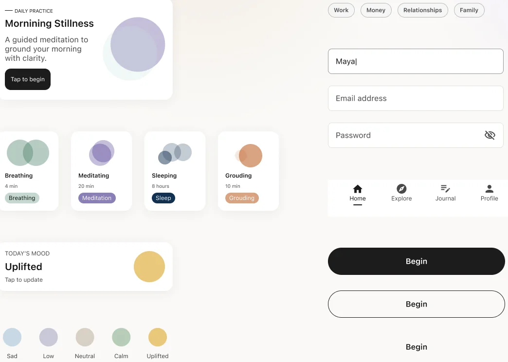 The Sola component library: practice cards, mood cards, tags, form fields, the tab bar and the button states.