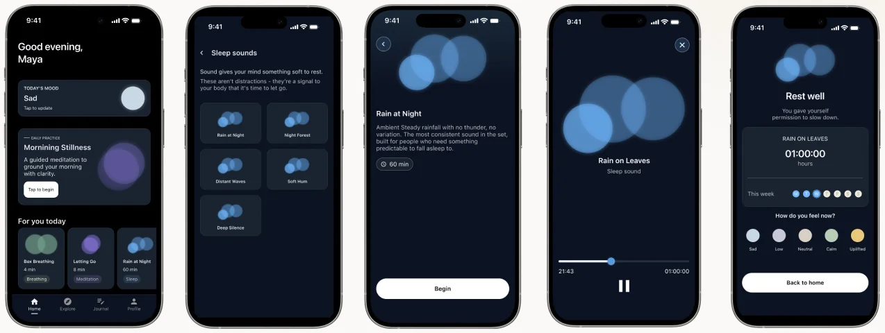 Five Sola screens in dark mode: home, sleep sounds, a sound playing, and the closing screen.