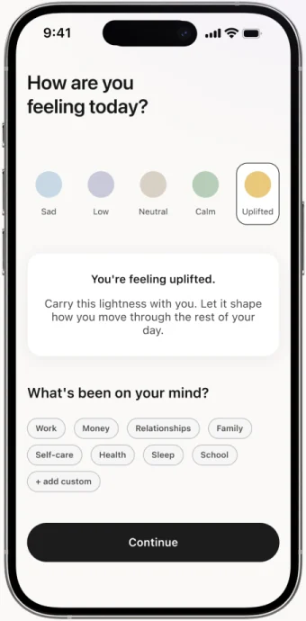 The Sola mood check-in screen: five mood states and a single Continue button.