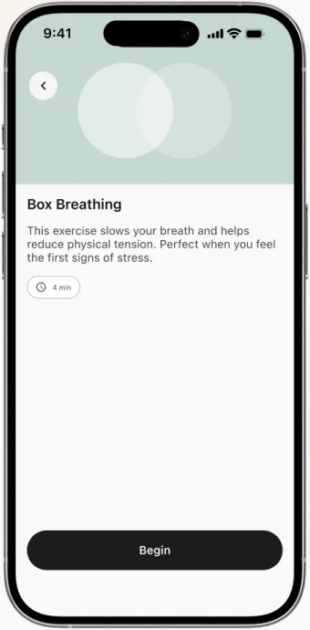 The Box Breathing screen: a short description and a Begin button.