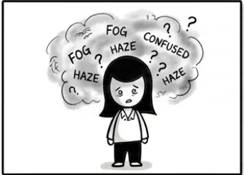 Frame one: a woman surrounded by a cloud of anxious words.