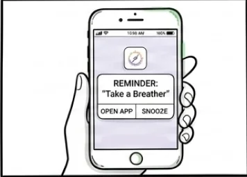 Frame two: a hand holding a phone showing a reminder to take a breather.