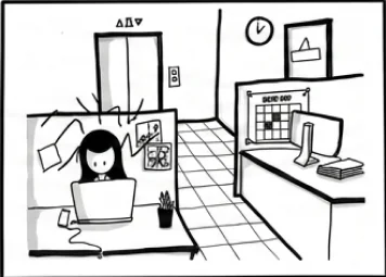 Frame three: the same woman breathing at her desk in the office.