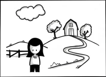 Frame four: the woman walking outside on a path with trees.