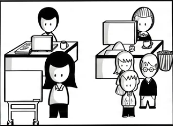 Frame five: the open-plan office full of colleagues and noise.