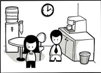 Frame six: the woman at the end of the day by the water cooler, calmer.