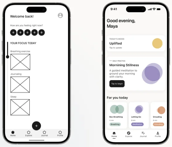 Two phone screens side by side: the wireframe home screen before, and the redesigned home screen after.