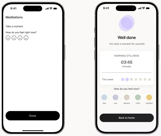Two phone screens side by side: the abrupt ending before, and the completion screen after.